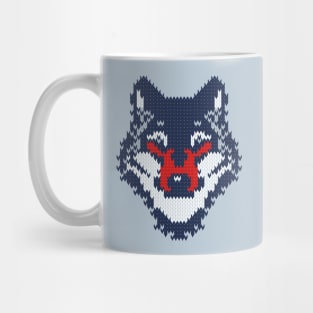 Fair isle knitting grey wolf // spot illustration // navy blue grey and red wolf Mug